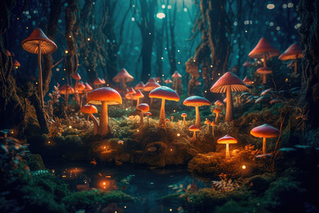 Concept illustration of a bright enchanted forest with magical mushrooms. Generative AIの素材