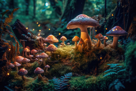 Concept illustration of a bright enchanted forest with magical mushrooms. Generative AIの素材