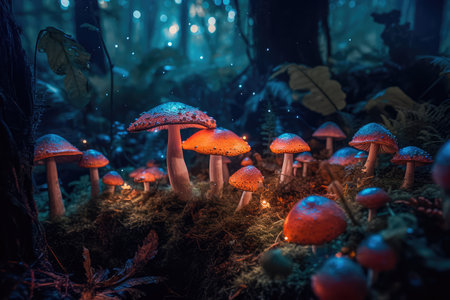 Concept illustration of a bright enchanted forest with magical mushrooms. Generative AIの素材