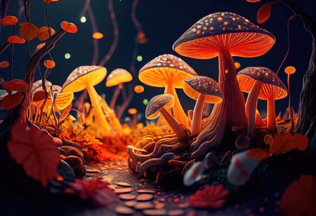 Concept illustration of a bright enchanted forest with magical mushrooms. Generative AIの素材