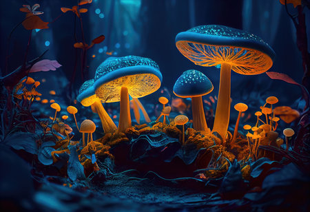 Concept illustration of a bright enchanted forest with magical mushrooms. Generative AIの素材