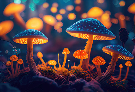 Concept illustration of a bright enchanted forest with magical mushrooms. Generative AIの素材