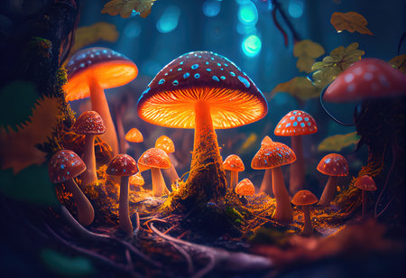 Concept illustration of a bright enchanted forest with magical mushrooms. Generative AIの素材