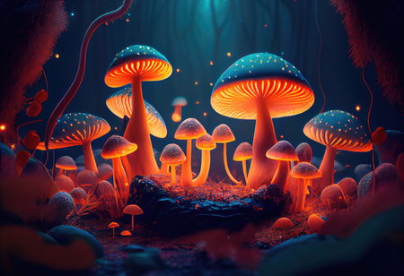 Concept illustration of a bright enchanted forest with magical mushrooms. Generative AIの素材