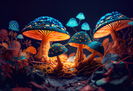 Concept illustration of a bright enchanted forest with magical mushrooms. Generative AIの素材