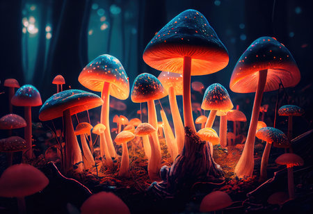 Concept illustration of a bright enchanted forest with magical mushrooms. Generative AIの素材