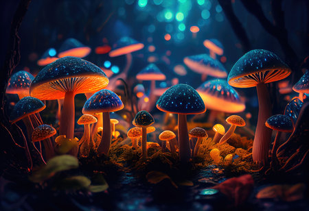 Concept illustration of a bright enchanted forest with magical mushrooms. Generative AIの素材