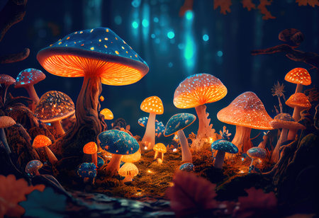 Concept illustration of a bright enchanted forest with magical mushrooms. Generative AIの素材