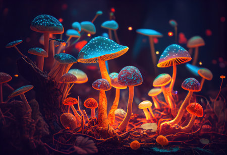 Concept illustration of a bright enchanted forest with magical mushrooms. Generative AIの素材