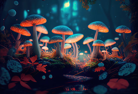 Concept illustration of a bright enchanted forest with magical mushrooms. Generative AIの素材