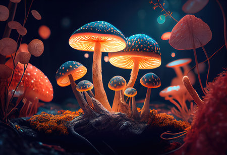 Concept illustration of a bright enchanted forest with magical mushrooms. Generative AIの素材