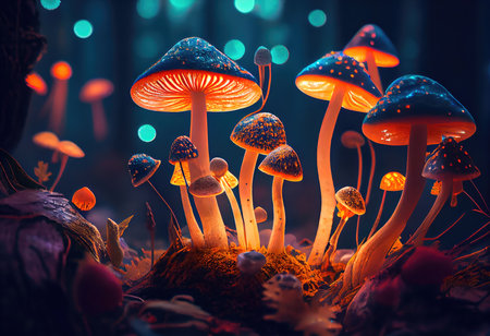 Concept illustration of a bright enchanted forest with magical mushrooms. Generative AIの素材