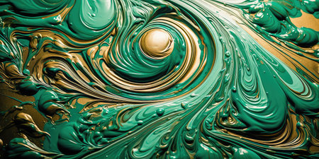 Concept illustration of a vintage paint background with swirls of green and gold. Generative AIの素材