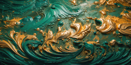 Concept illustration of a vintage paint background with swirls of green and gold. Generative AIの素材