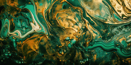 Concept illustration of a vintage paint background with swirls of green and gold. Generative AIの素材