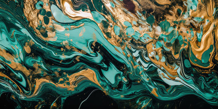 Concept illustration of a vintage paint background with swirls of green and gold. Generative AIの素材