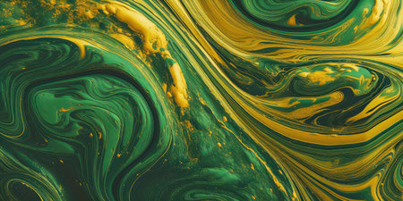 Concept illustration of a vintage paint background with swirls of green and gold. Generative AIの素材