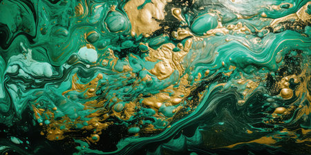 Concept illustration of a vintage paint background with swirls of green and gold. Generative AIの素材