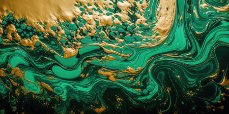 Concept illustration of a vintage paint background with swirls of green and gold. Generative AIの素材