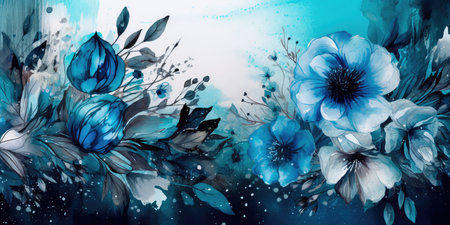 Concept illustration of a watercolor floral background with dreamy intricate details playing with pastel hues and mysterious black and blue plants. Generative AIの素材