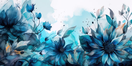 Concept illustration of a watercolor floral background with dreamy intricate details playing with pastel hues and mysterious black and blue plants. Generative AIの素材