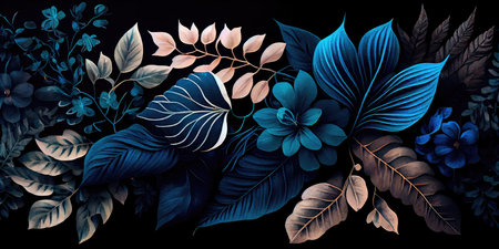 Concept illustration of a watercolor floral background with dreamy intricate details playing with pastel hues and mysterious black and blue plants. Generative AIの素材