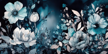 Concept illustration of a watercolor floral background with dreamy intricate details playing with pastel hues and mysterious black and blue plants. Generative AIの素材