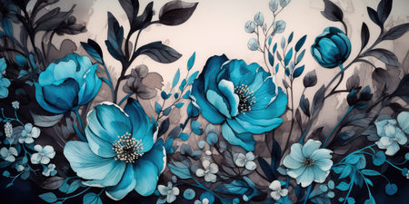 Concept illustration of a watercolor floral background with dreamy intricate details playing with pastel hues and mysterious black and blue plants. Generative AIの素材