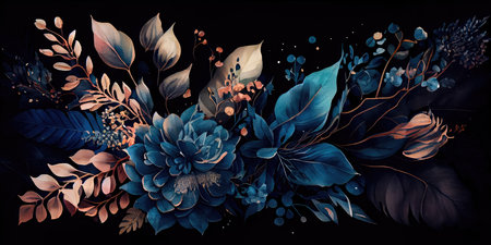 Concept illustration of a watercolor floral background with dreamy intricate details playing with pastel hues and mysterious black and blue plants. Generative AIの素材
