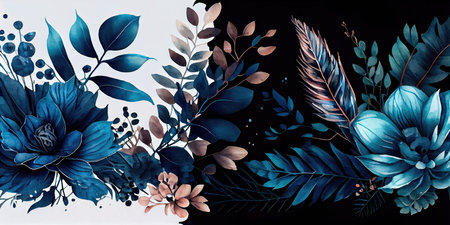 Concept illustration of a watercolor floral background with dreamy intricate details playing with pastel hues and mysterious black and blue plants. Generative AIの素材