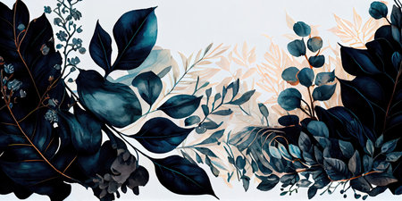Concept illustration of a watercolor floral background with dreamy intricate details playing with pastel hues and mysterious black and blue plants. Generative AIの素材
