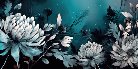 Concept illustration of a watercolor floral background with dreamy intricate details playing with pastel hues and mysterious black and blue plants. Generative AIの素材