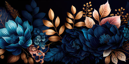 Concept illustration of a watercolor floral background with dreamy intricate details playing with pastel hues and mysterious black and blue plants. Generative AIの素材