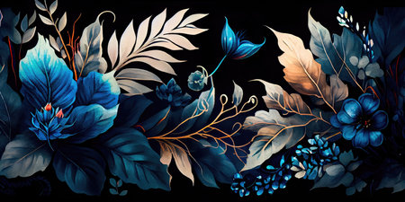 Concept illustration of a watercolor floral background with dreamy intricate details playing with pastel hues and mysterious black and blue plants. Generative AIの素材