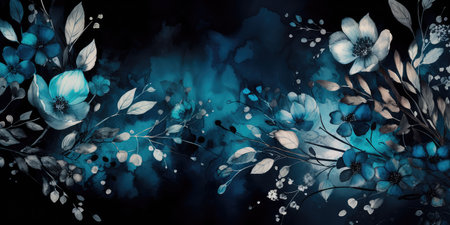 Concept illustration of a watercolor floral background with dreamy intricate details playing with pastel hues and mysterious black and blue plants. Generative AIの素材