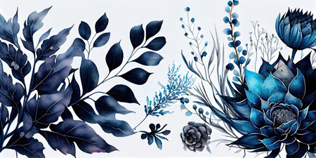 Concept illustration of a watercolor floral background with dreamy intricate details playing with pastel hues and mysterious black and blue plants. Generative AIの素材
