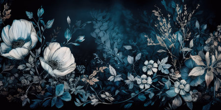 Concept illustration of a watercolor floral background with dreamy intricate details playing with pastel hues and mysterious black and blue plants. Generative AIの素材