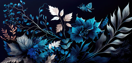 Concept illustration of a watercolor floral background with dreamy intricate details playing with pastel hues and mysterious black and blue plants. Generative AIの素材
