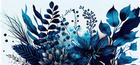 Concept illustration of a watercolor floral background with dreamy intricate details playing with pastel hues and mysterious black and blue plants. Generative AIの素材