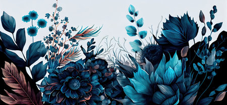 Concept illustration of a watercolor floral background with dreamy intricate details playing with pastel hues and mysterious black and blue plants. Generative AIの素材