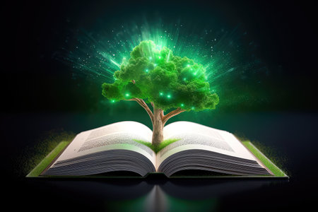 Concept illustration of a open book with green tree and rays of light. Generative AIの素材