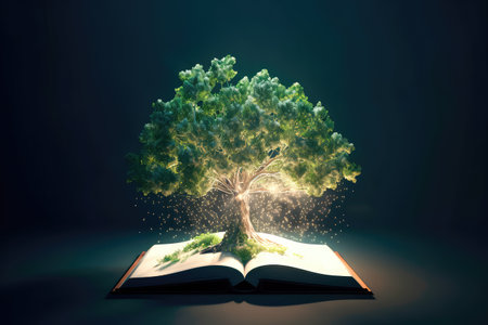 Concept illustration of a open book with green tree and rays of light. Generative AIの素材