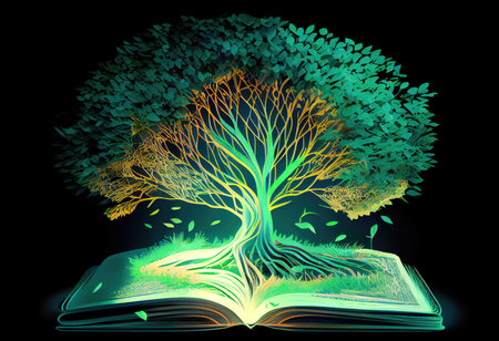 Concept illustration of a open book with green tree and rays of light. Generative AIの素材