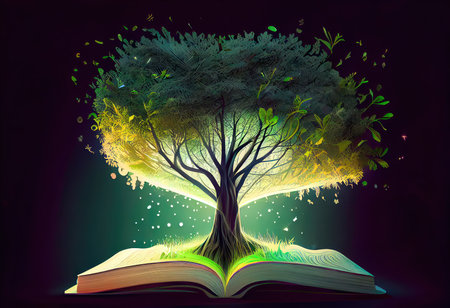 Concept illustration of a open book with green tree and rays of light. Generative AIの素材