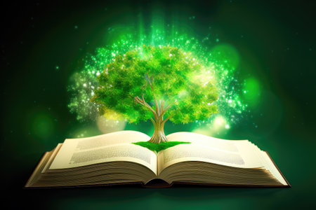 Concept illustration of a open book with green tree and rays of light. Generative AIの素材