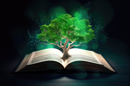 Concept illustration of a open book with green tree and rays of light. Generative AIの素材
