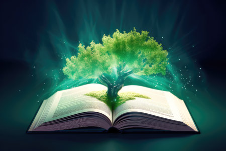 Concept illustration of a open book with green tree and rays of light. Generative AIの素材