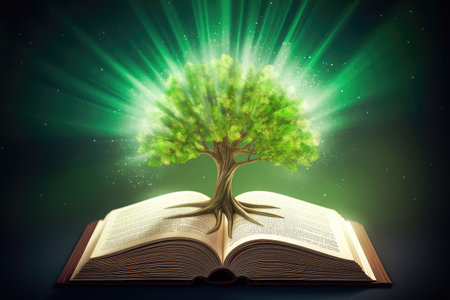 Concept illustration of a open book with green tree and rays of light. Generative AIの素材