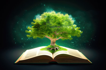 Concept illustration of a open book with green tree and rays of light. Generative AIの素材