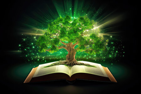 Concept illustration of a open book with green tree and rays of light. Generative AIの素材